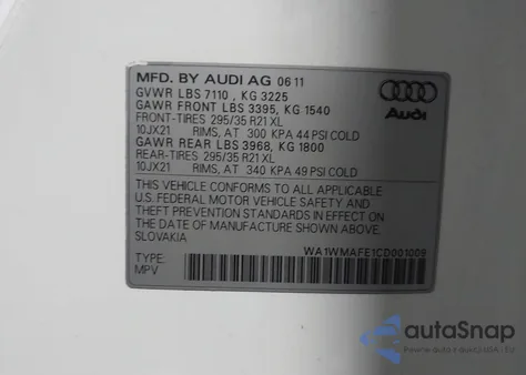 2012 Audi Q7 3.0 Tdi Premium from USA, damaged, VIN WA1WMAFE1CD001009